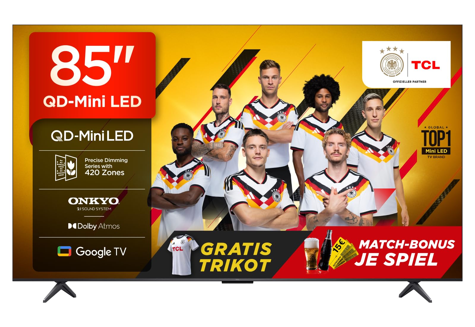 TCL 85 Zoll 85Q6C QLED Mini LED Fernseher, 4K HDR Premium, Dolby Vision IQ & Atmos, Onkyo 2.1, Smart Google TV, 144Hz Motion Clarity Pro, AMD FreeSync Premium Pro, HDMI 2.1, AirPlay 2