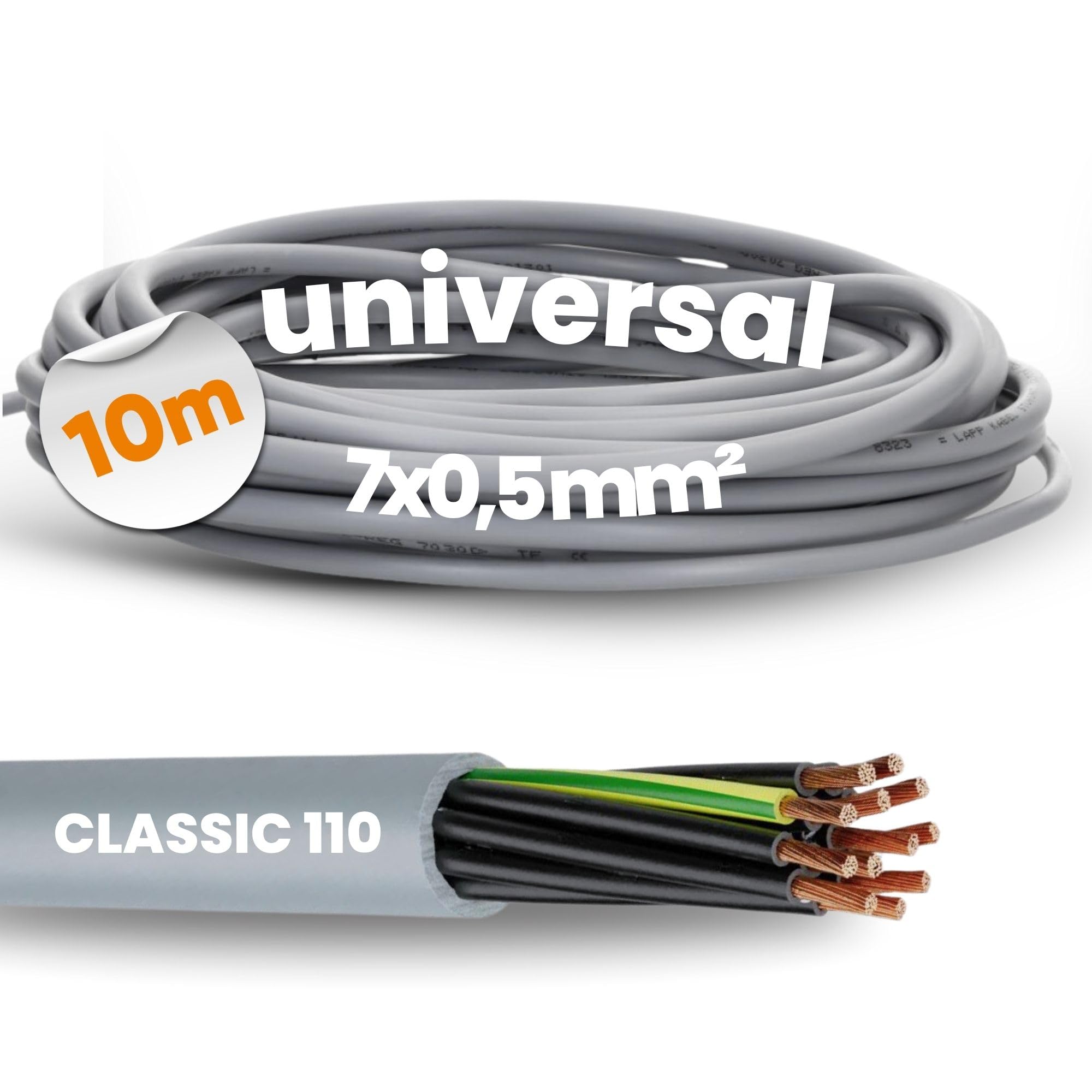 10 m Lapp 1119007 Ölflex Classic 110 7G0.5 mm² PVC Control Cable 7 x 0.5 mm² with Green/Yellow Protective Conductor I Sheathed Cable 7 Core I Control Cable 7 Core