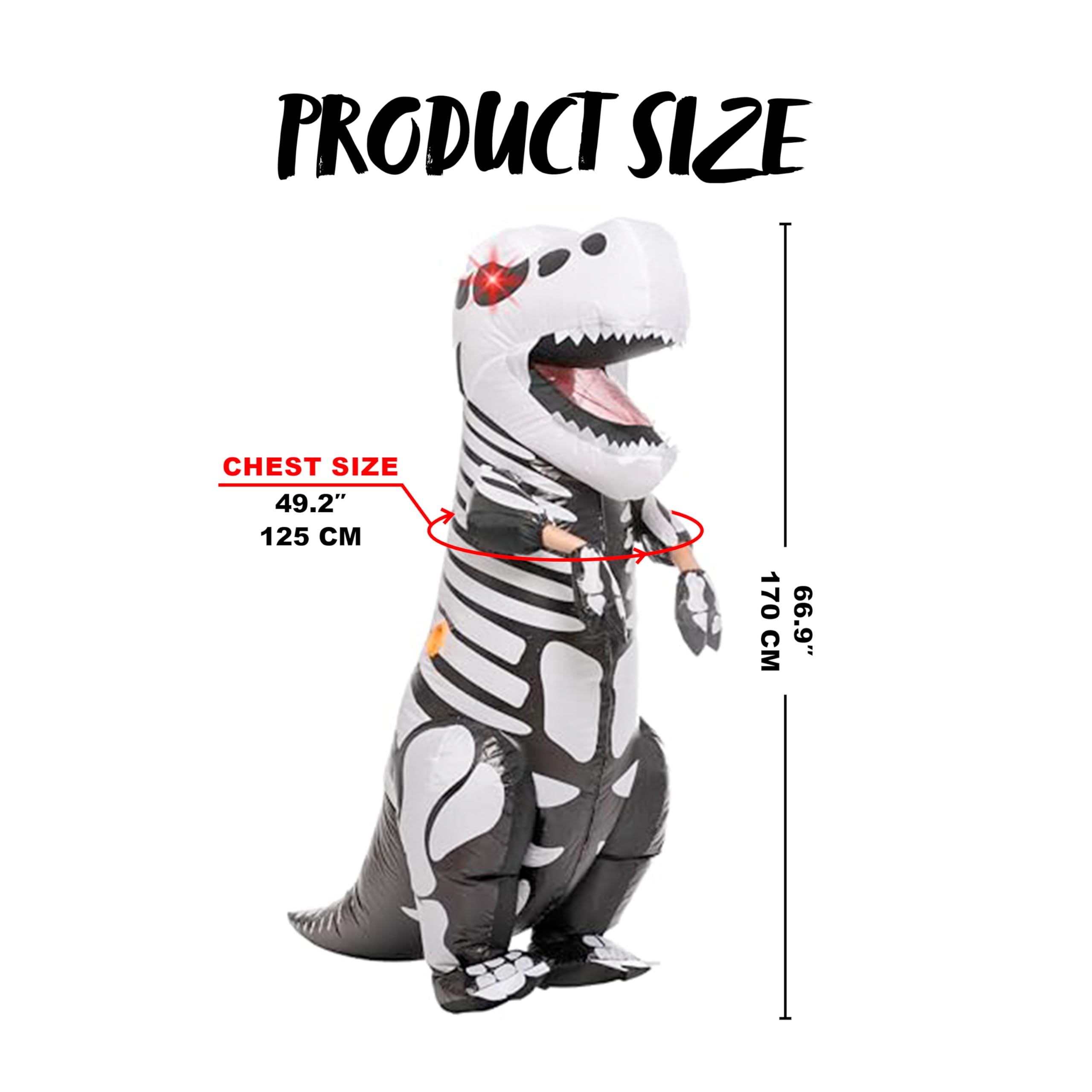 Spooktacular Creations Kids Skeleton Dinosaur Inflatable Costume, LED Light Eyes Skeleton Dinosaur Costume, Full Body T-Rex Blow Up for Halloween Dress Up Parties