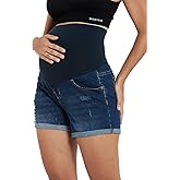 HOFISH Womens Maternity Jeans Shorts Over The Belly Stretchy Comfy Denim Pants Casual Workout Pregnancy Shorts