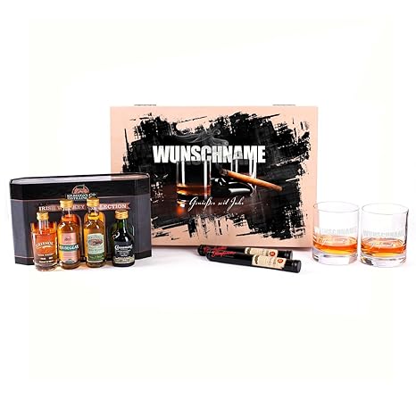 Herz & Heim® Genießerpaket Irish Kilbeggan Wisky mit Glenfarclais Zigarren - 9tlg. - Whiskygläser mit Gratis Gravur