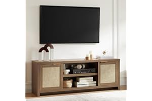 OAKHAM HOME Hampstead TV Stand for Living Room, Modern Entertainment Center for 65 inch TV, 2 Rattan Doors Cabinet Media Console, TV Console Table with Soft Hinge Door and Handle (Special Walnut)