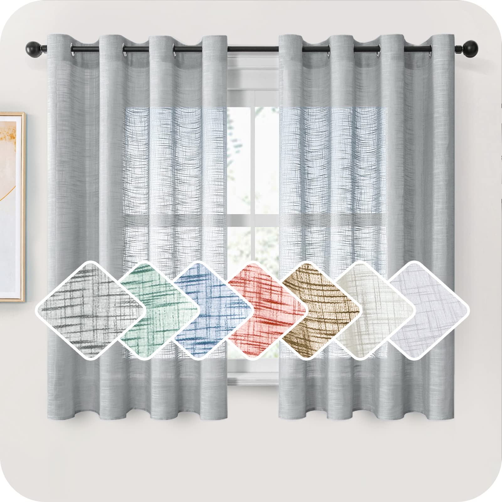 MRTREES Grey Voile Eyelet Curtains Linen Textured 63 Drop 2 Panels Short Window Semi Transparent Sheer Curtain Panels for Living Room Bedroom Bay Window Weave Slub Design 140x160cm — image 1
