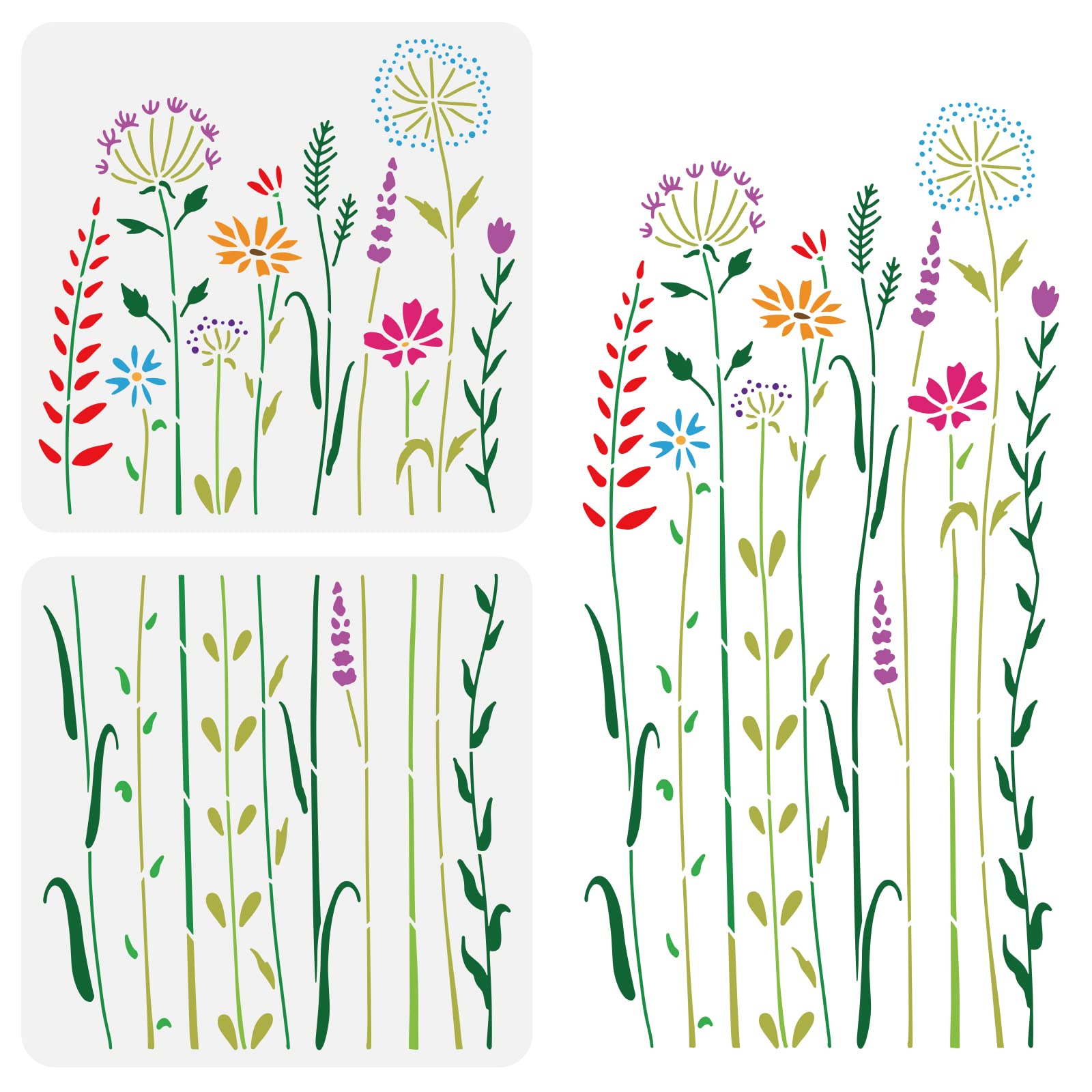 BENECREAT 2Pcs Wildflower Stencils, 30x30cm Tall Flower Weeds Tree Plants PET Painting Templates Drawing Stencils for Scrapbooking, Floor Furniture, Wall Art