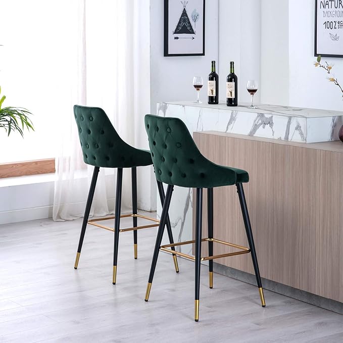 Wahson Velvet Bar Stools, Kitchen Counter Stools with Metal Legs and Goldplated Footrest, Set