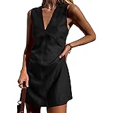 Womens Summer Cotton Linen V Neck Sleeveless Mini Dress Casual A Line Tank Dress Sundress