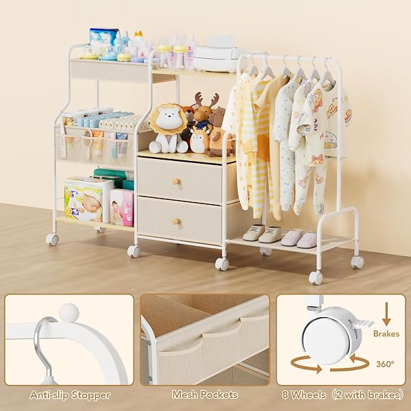 BBLIKE DIAPER CADDY ORGANIZER WITH HANGING RACK – 3 TIER ROLLING UTILITY CART WITH DRAWERS AND DIVIDERS FOR BABY BOTTLE STORAGE – BEDSIDE CART FOR CHANGING STATION, CRIB, NURSERY, BEDROOM, BEIGE