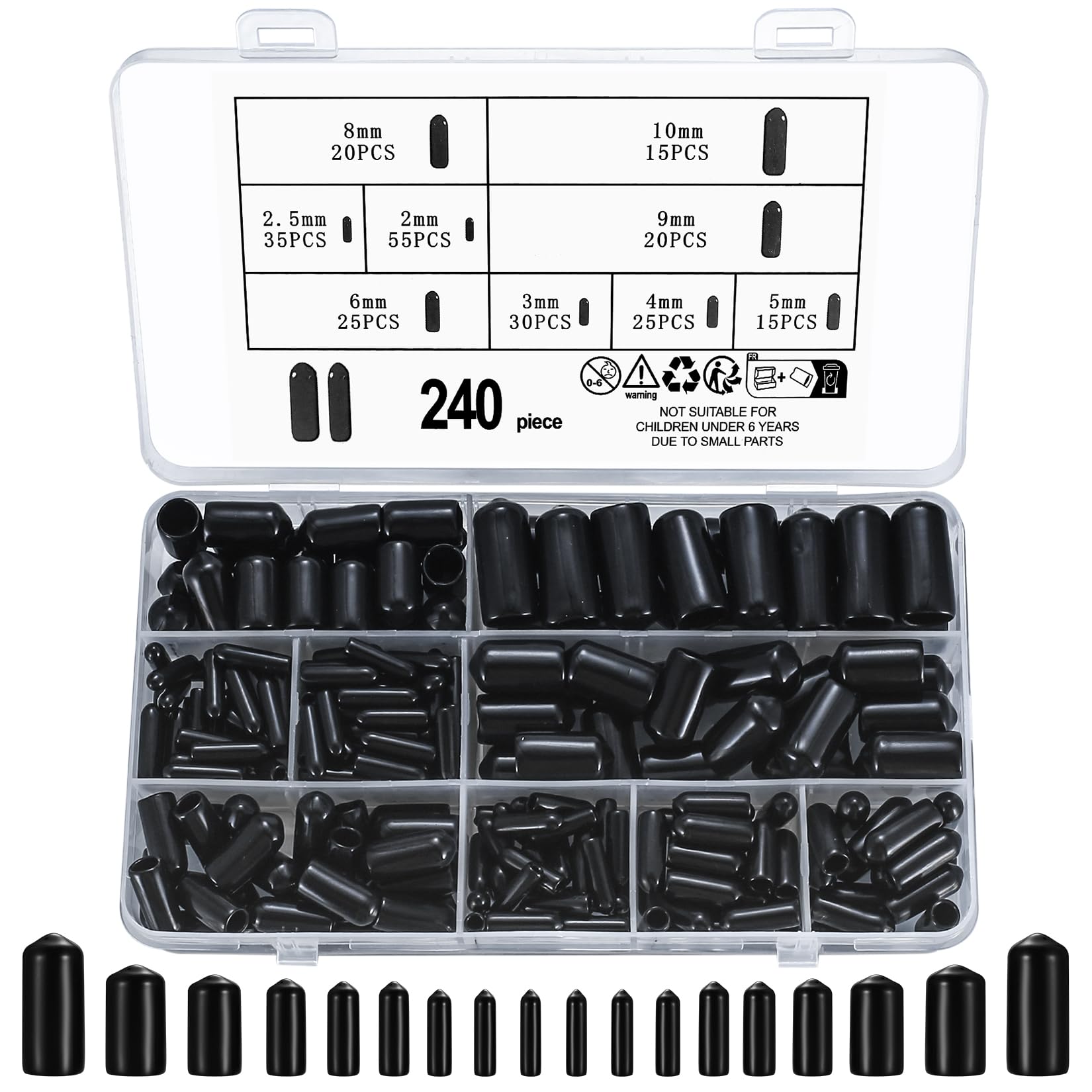 240 Pcs Rubber End Caps, PVC Screw Protectors, Round Tube Bolt Covers - 9 Sizes, Black