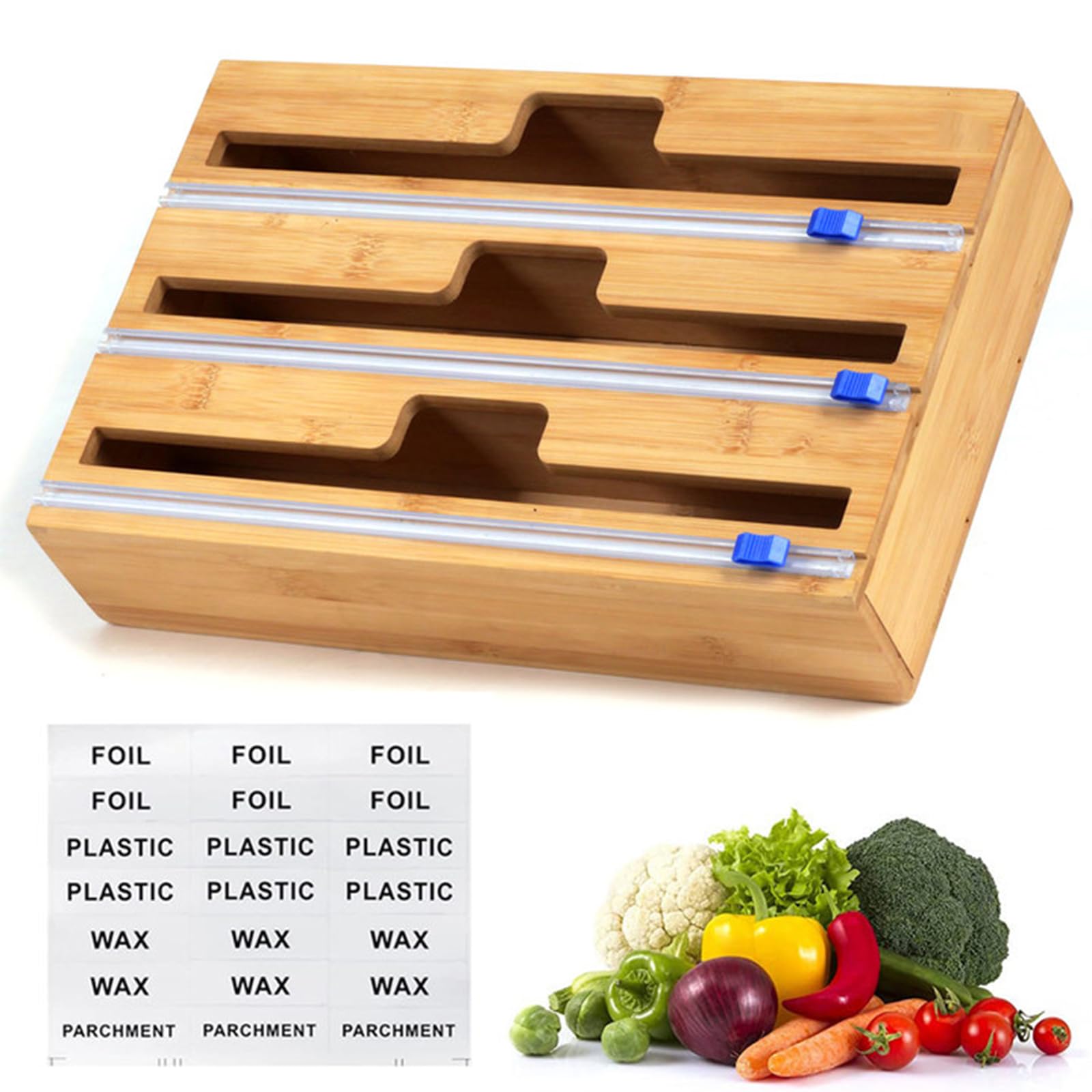 BERRYLION 3 in 1 Wrap Dispenser with Cutter, Plastic Wrap, Aluminum Foil and Wax Paper Dispenser for Kitchen Drawer, Bamboo Roll Organizer Holder, 13.18" Depth* 8.46" Width* 3" High (3 in 1)