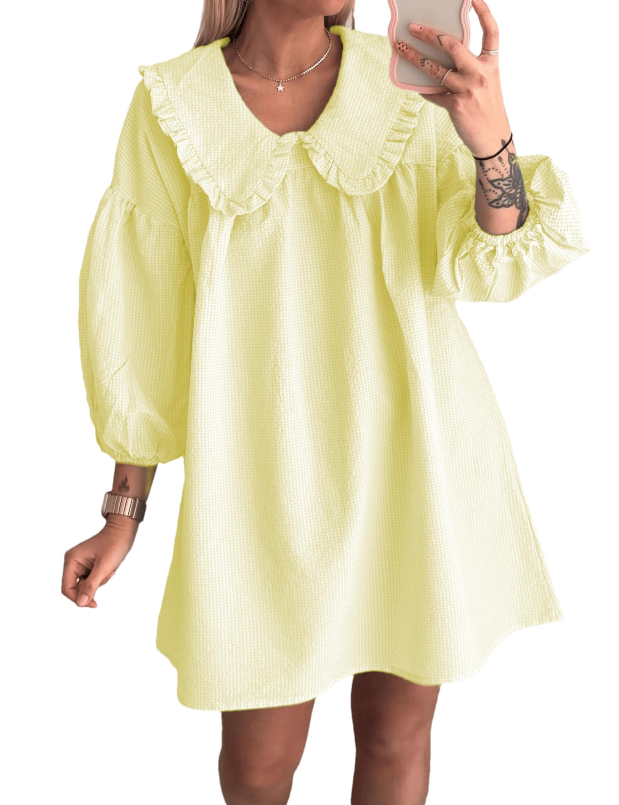 Ynhonra 2025 Women's Babydoll 3/4 Puff Sleeve Plaid Mini Dress Lapel Doll Collar Loose Y2k Dress(Lemon-L)