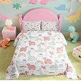 Feelyou Cartoon Dino Comforter Set Twin, Pink Green Dinosaur Comforter Cute Jungle Dino Comforter Set for Kids Boys Girls Cute Rainbow Duvet Set Microfiber Quilt Set