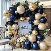 Navy Blue Black Balloon Arch - Double Stuffed Pearl White Sand, Dark Royal Blue Gold Balloon Garland Kit for Birthday 2026 Graduation Men Anniversary Prom Wedding Party Decoration