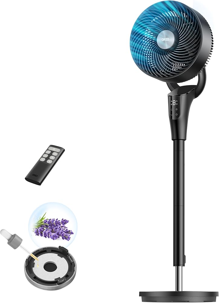 DREO Fan for Bedroom, 90° Oscillating Standing Fan, 20dB Quiet, 90ft Pedestal Fans for Room Office, DC Motor, 8+H Speeds, 3 M