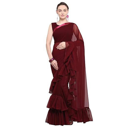 Womanista Georgette Ruffle Saree with Blouse Piece (FS9636_Maroon_Onesize)