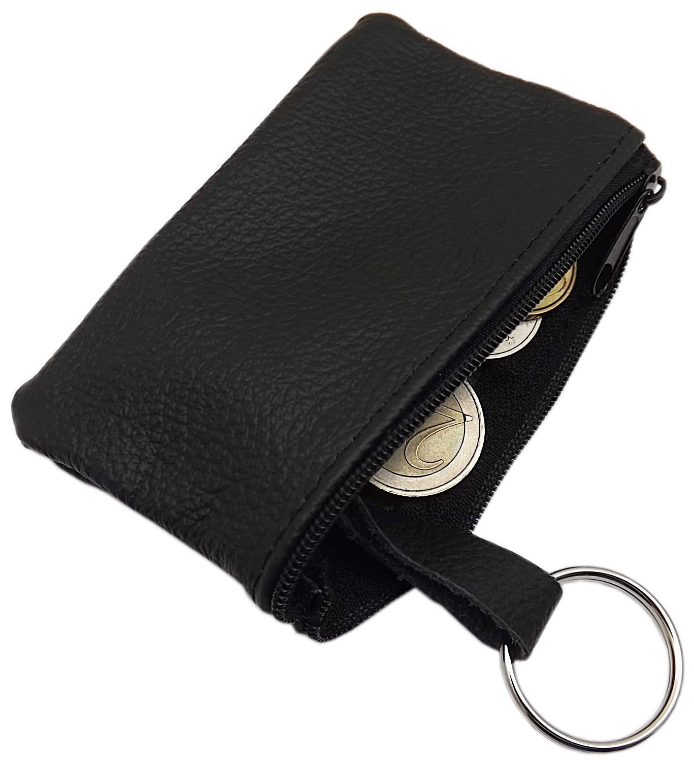 myledershop Genuine leather key case with 1 zipper compartment Made in EU in black or red (Black)