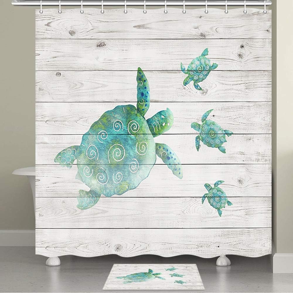 Amazon Com Jawo Coastal Shower Curtain For Bathroom Sea Turtle On Gray Wood Panels Rustic Theme Fabric Bathroom Curtain With Shower Curtain Hooks Home Kitchen