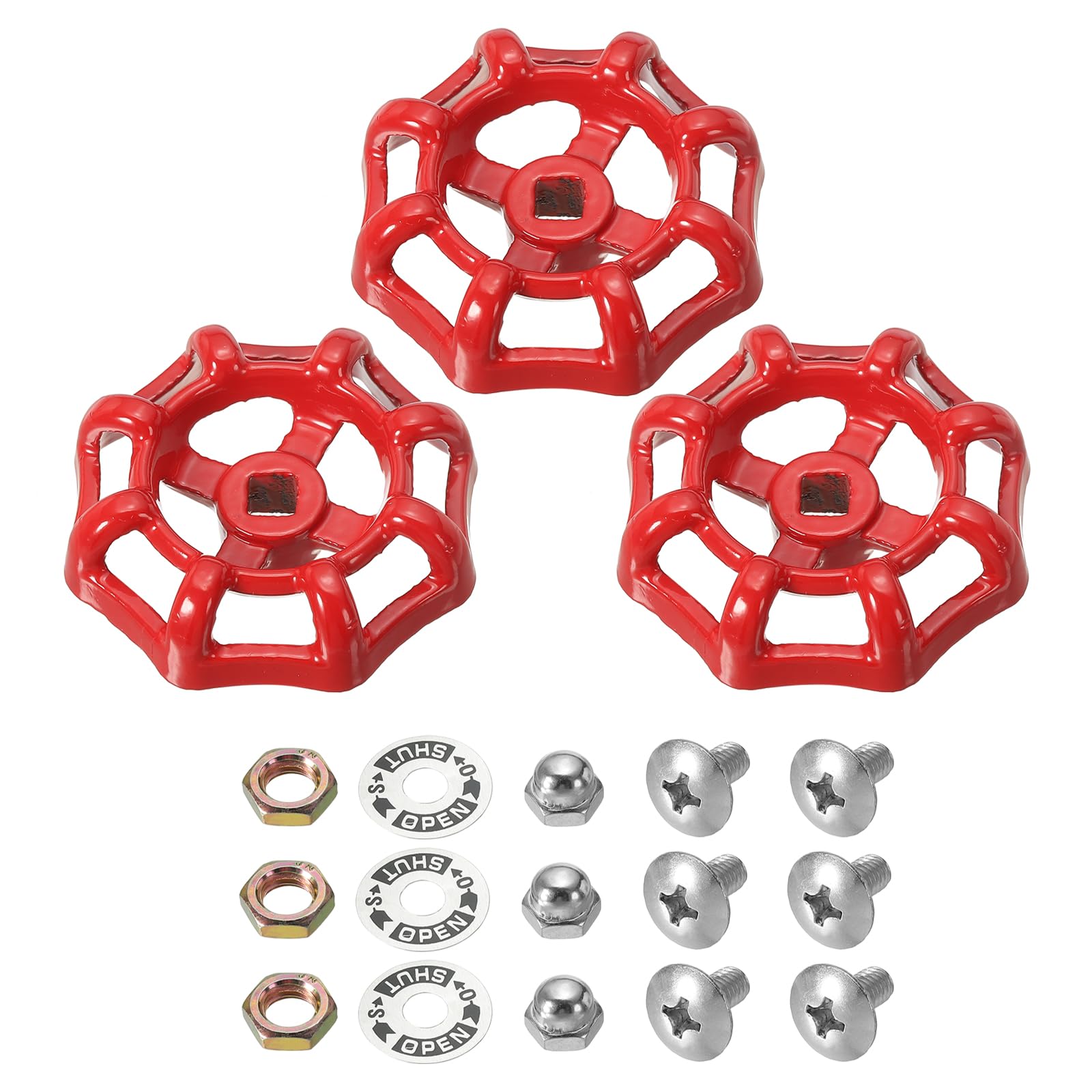 PATIKIL Outside Faucet Handle Square Stem Hole 6x6mm, Cast Steel Round Wheel Faucet Handles Replacement Water Spigot Handle with Screws Spacer, Red, 3Pcs