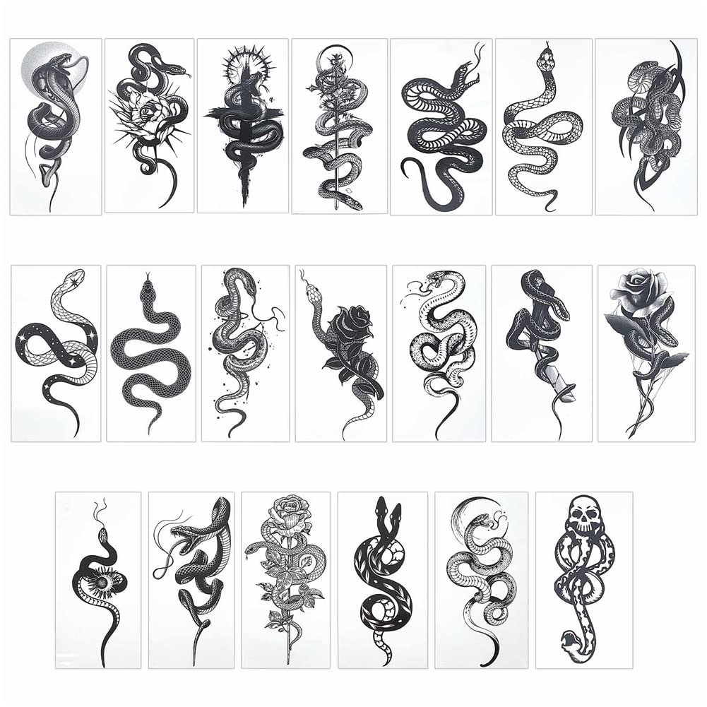 CRASPIRE 20 Sheets Hallowmas Snake Temporary Tattoos Gothic Black Rose and Snake Temporary Tattoo Stickers Waterproof Arm Neck Makeup Cosmos Tattoos Paper Stickers for Body Arm Neck Back Art