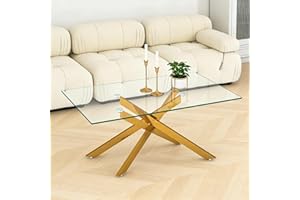 DKYNDSYN Modern Glass Coffee Table with Gold Metal Base and Tempered Glass Top, Rectangle Clear Center Table with Adjustable 