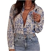 SHENHE Women's Floral Button Down Blouse Long Sleeve Dressy Casual Work Shirt with Pocket