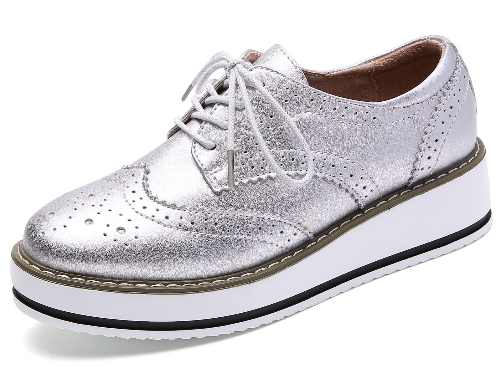 Photo 1 of **Minor Damage - USED**
DADAWEN Women's Platform Lace-Up Wingtips Square Toe Oxfords Shoe Silver Leather US Size 10/Asia Size 43/26.5cm