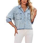 Allovxin Women's Cropped Denim Shirt Long Sleeve Button Down Jean Blouse with Pockets, Comfort Fit Casual Vintage Top