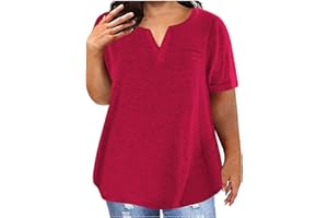 MFNDVD Plus Size Summer Tops for Curvy Women Notched V Neck Short Sleeve Solid Color Shirts Oversized Tee Shirts with Pockets