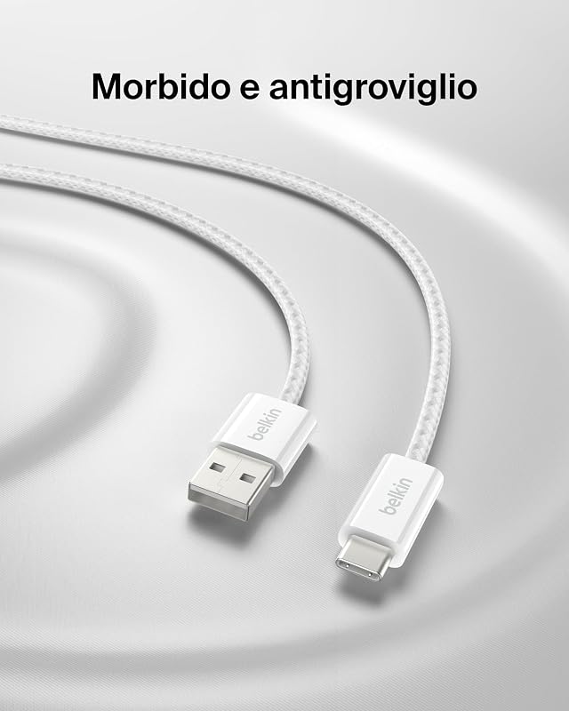 Confezione da 2 cavi intrecciati da USB-A a USB-C da 1,5 m, 15 W, cavo flessibile per ricarica rapida, cavo Type-C per iPhone 17 e iPhone 16 series, Galaxy S25, Pixel 10, iPad Pro ecc., bianco