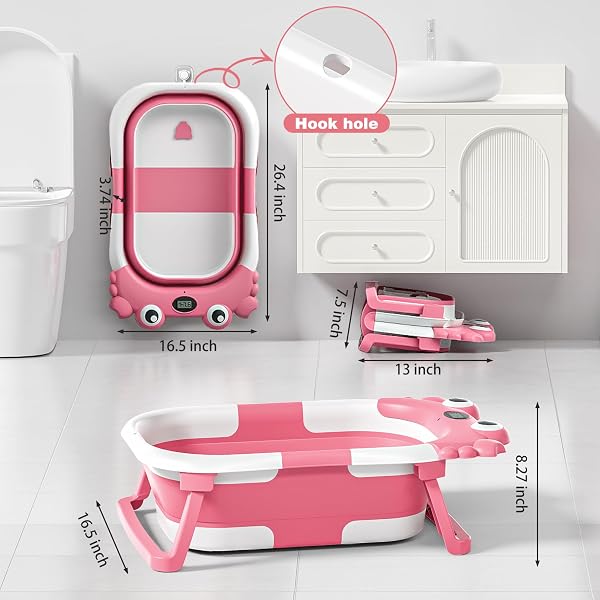 COLLAPSIBLE BABY BATHTUB FOR NEWBORNS WITH THERMOMETER AND SOFT FLOATING CUSHION PORTABLE AND FOLDABLE TRAVEL BABY GIRL BATH TUB FOR INFANTS TO TODDLER 0-36 MONTH (PINK)