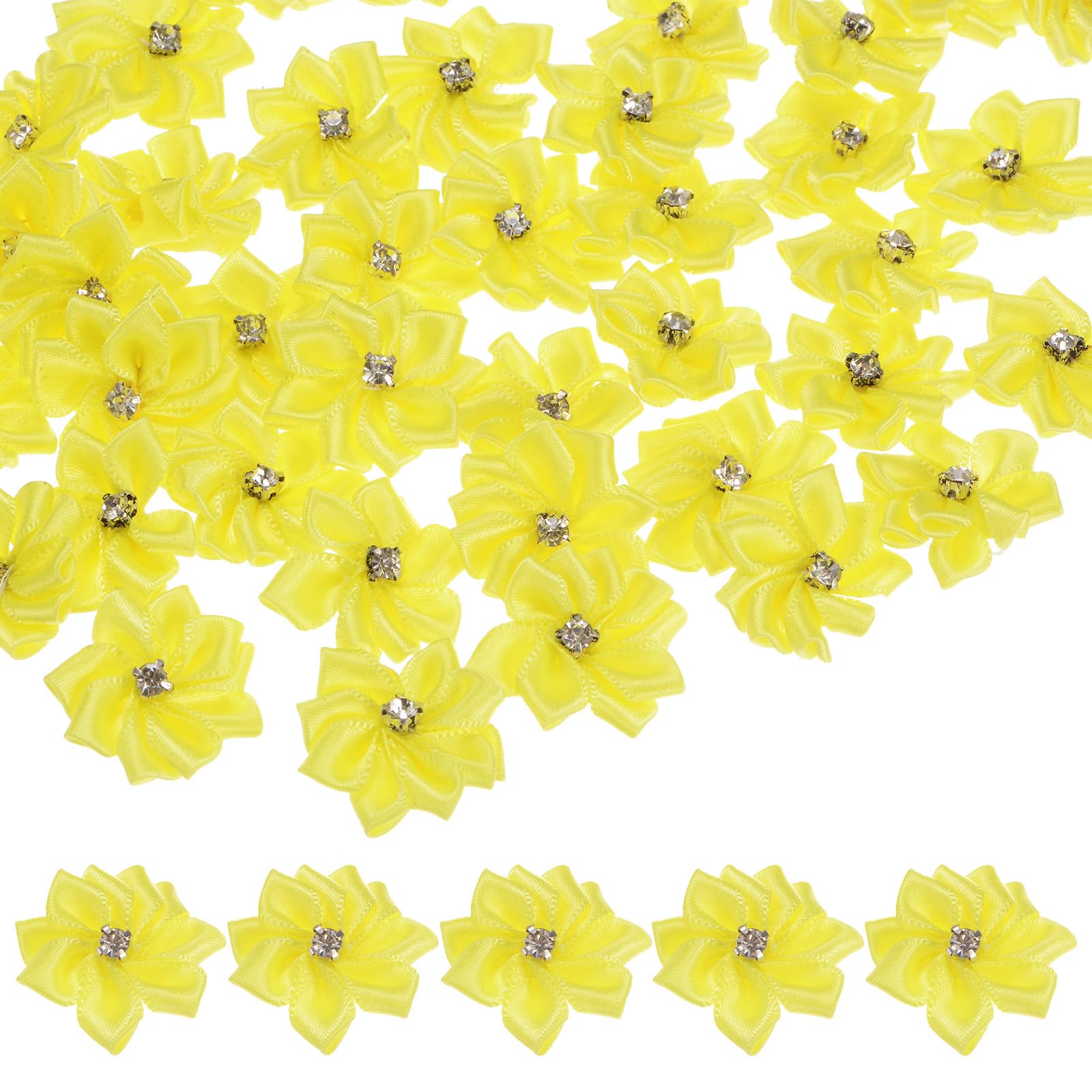 M METERXITY 150-pack Satin Ribbon Flowers, 1.2 Inch Mini Fabric Flowers with Rhinestones, Multi-purpose Occasion, Yellow