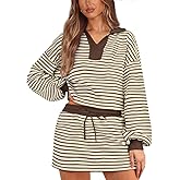 Women's Striped 2 Piece Set for women Sweatshirt Mini Skirt Sets Tennis Workout Tracksuit Matching Lounge Outfits