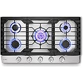FOTILE GLS36502 36” Stainless Steel 5-Burner Gas Cooktop, Tri-Ring 22,000 BTUs Center Burner with Flame Failure Protection Removable Grates and Installation/LP Kit