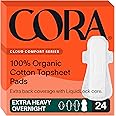 Cora 100% Organic Cotton Topsheet Pad | Ultra Thin Period Pads with Wings | Extra Heavy Overnight Absorbency | Unscented Ultra-Absorbent Sanitary Pads for Women (24 Count)