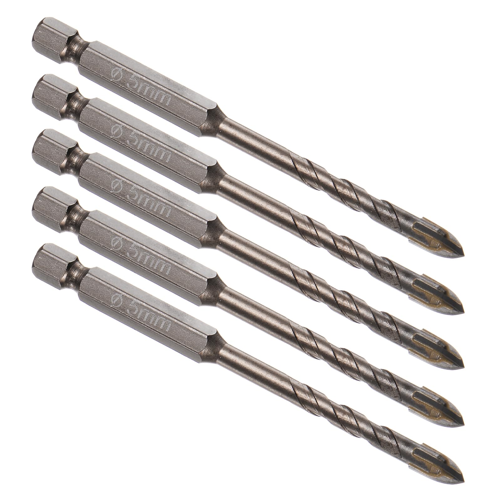Kozelo 5pcs Masonry Drill Bit Set - [ 5mm ] Concrete Drill Bit Set for Brick/Glass/Plastic/Ceramic Tile Use, 1/4" Hex Shank, Carbide, High Speed Steel