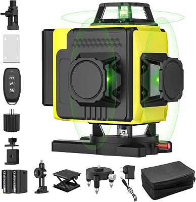 Nivel láser autonivelante 360° X 4, láser de construcción 4D con 16 líneas láser, modo de pulso para exteriores, 2 baterías, autonivelación, soporte rotativo, control remoto.(Sin Trípode)