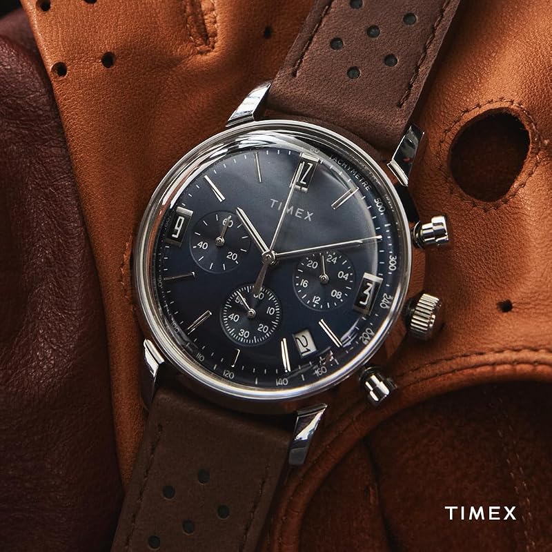 Marlin Chronograph - relógio masculino de 40mm, correia de libertação rápida em pele castanha, mostrador azul, caixa em aço inoxidável TW2W10200