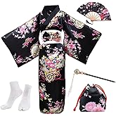 PLULON 5Pcs Japanese kimono for women, Robe Geisha Yukata Dress Blossom Satin Bathrobe japanese dress for women
