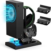 Charger Stand with Cooling Fan for Xbox Series S Console and Controller,Vertical Dual Charging Dock Accessories with 2 x 1400mAh Rechargeable Battery and Cover, Earphone Bracket for XSS(Black)