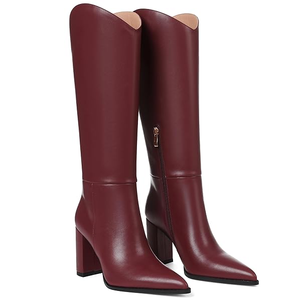 SARAIRIS WOMEN’S RED KNEE HIGH BOOTS WIDE CALF CHUNKY HIGH HEEL POINTED TOE ZIPPER COMFORTABLE CASUAL BOOTS