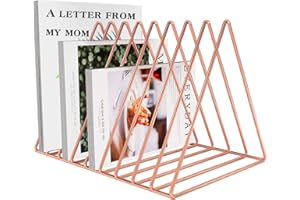 VOSTOR Files Folder Stand Desktop File Organizer, Triangle Wire Magazine Holder Book Shelf, 9 Slot File Sorter Eye-catching Decoration for Indoor Office Home, Photography props, Fashion in INS (Rose Gold)