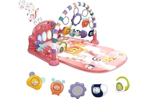 dearlomum Baby Play Mat Gym, Funny Play Piano Tummy Time Activity Mat with 5 Infant Sensory Toys, Music and Lights Boy & Girl