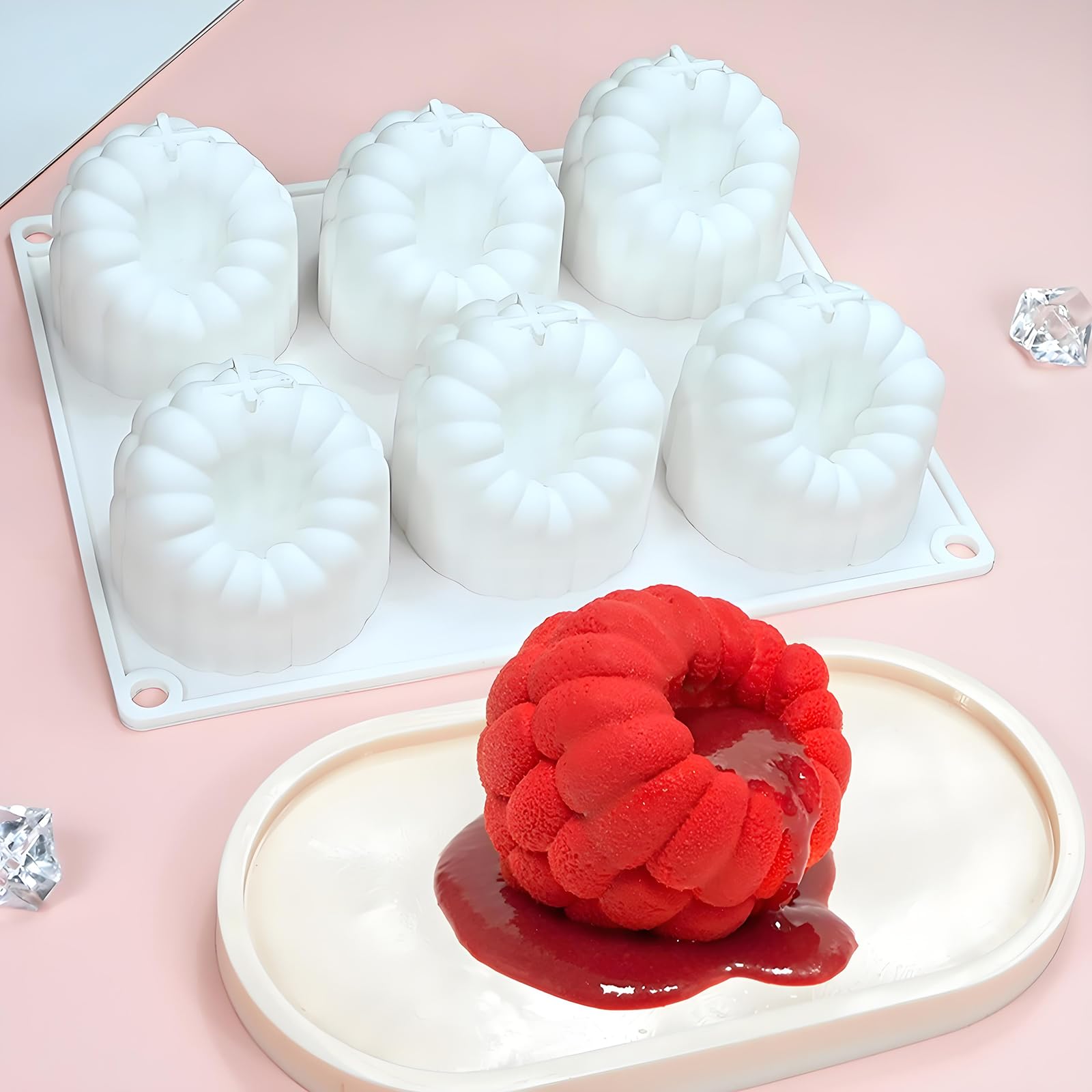 6-Cavity Raspberry Silicone Molds for Mousse Cake, Large Fluted Design, White