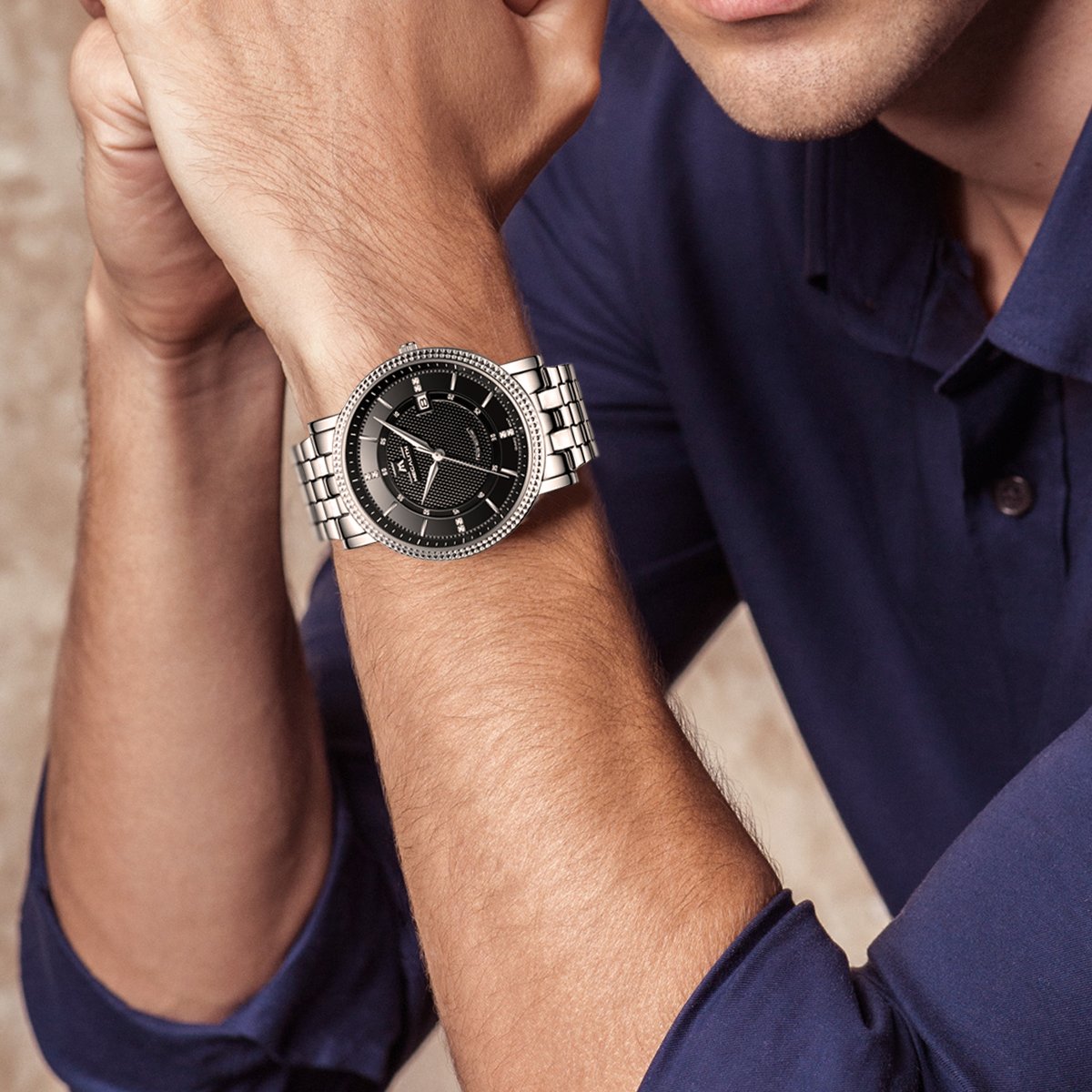 Mens Black Wrist Watches Men Waterproof Silver Stainless Steel Watches Date Luxury Thin Watch for Men