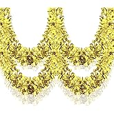 33 Ft Christmas Tinsel Garland Shiny Thick Light Gold Tinsel Decor Xmas Tree Decorations Metallic Twist Foil Garland for Christmas Birthday Holiday Party Indoor Outdoor Supplies - Light Gold