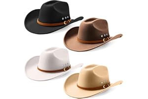 Breathffy 4 Pcs Cowboy Hat Felt Wide Brim Cowgirl Hats with Belt Classic Outdoor Western Style for Women Men Adults