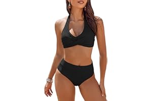 AI'MAGE Women's High Waisted Bikini Sets Tummy Control Swimsuits 2024 Two Piece Bathing Suits Color Block Halter Swim Suits