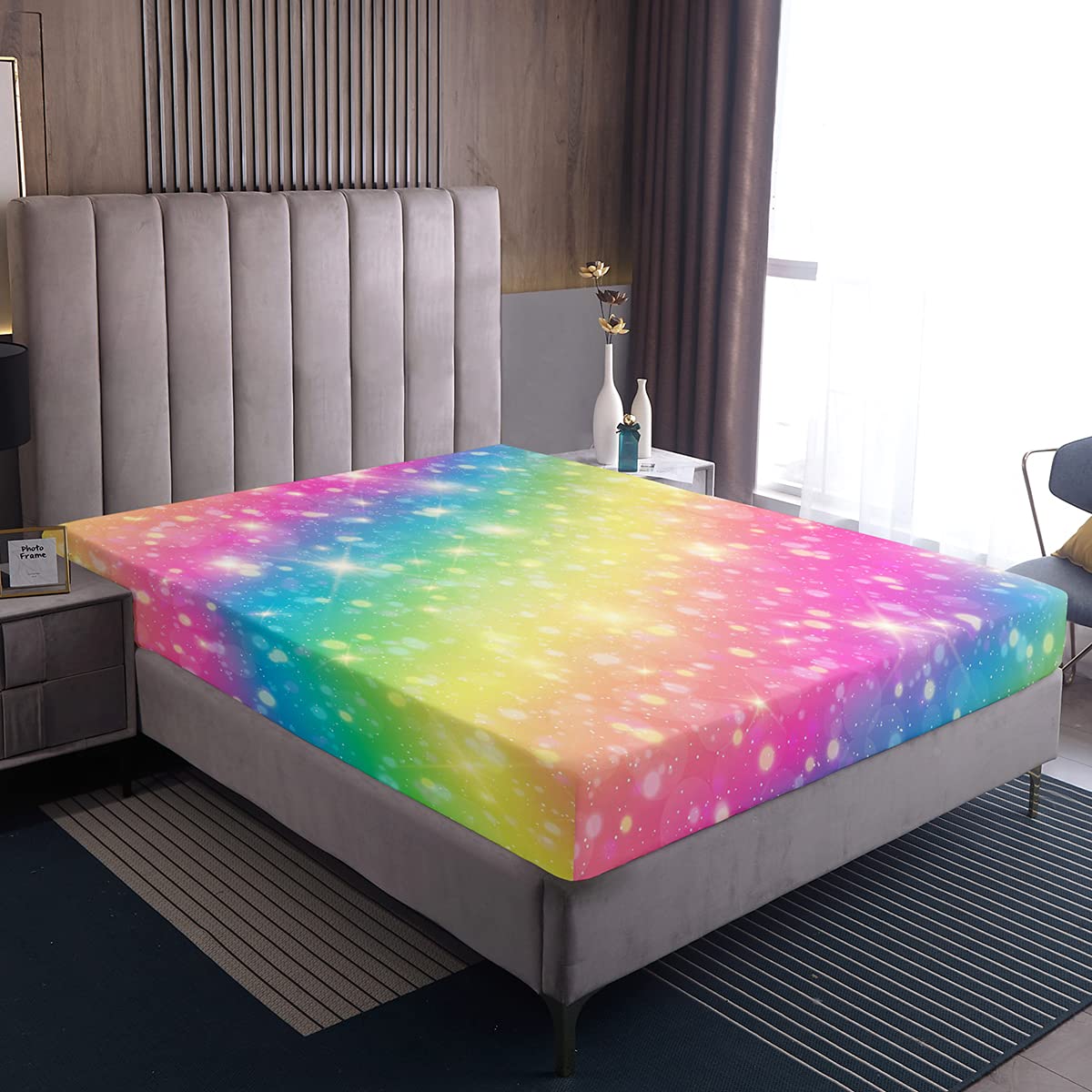 Loussiesd Rainbow Color Fitted Sheets Single Girls Kids Blingling Decor Fitted Sheets Colorful Cute Glossy Decorative Box Spring Bed Sheets 100% Soft Microfiber