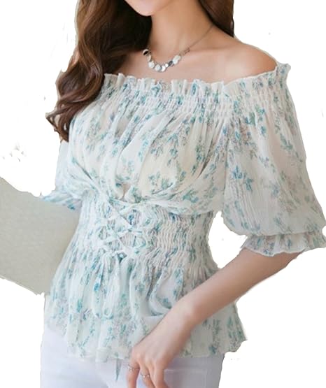 Amazon Megumi 韓国 オルチャン ファッション 春 夏 オフショルダー パステルトーン 涼しい ブラウス グリーン シャツ ブラウス 通販