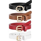 JASGOOD 4 Pack Women Skinny Leather Belt for Dresses with Gold Buckle Ladies Thin Waist Belt for Jeans Pants，Red+Brown+White+Black