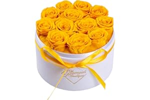 GLAMOUR BOUTIQUE Flower Forever Gift Box 12 Real Preserved Roses in Round Velvet White Box, Handmade, Rose Petals, Birthday, Marriage, Anniversary, Graduation - Yellow